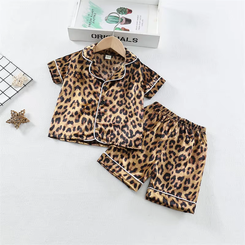 Ensemble de pyjama imprimé léopard pour garçons et filles, t-shirt à manches courtes, pantalon en Y,