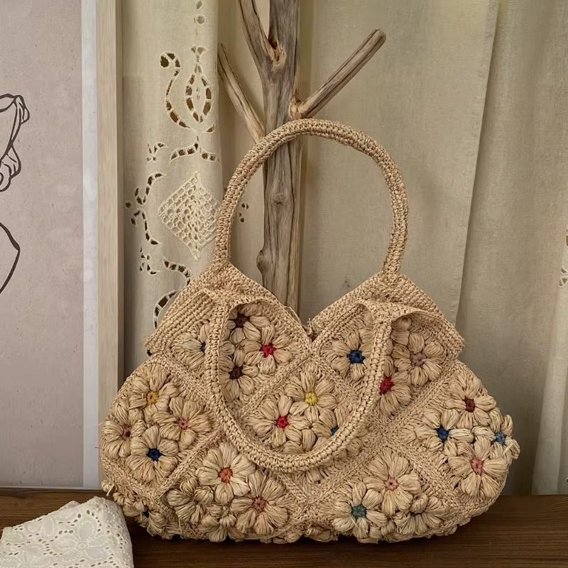 Sac de plage tissé de luxe haut de gamme pour femme, fait main au crochet, grande capacité, élégant 
