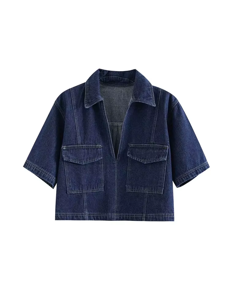 2025 mode femme poche à rabat décoration col rabattu court coupe ajustée haut en jean + jupe en jean