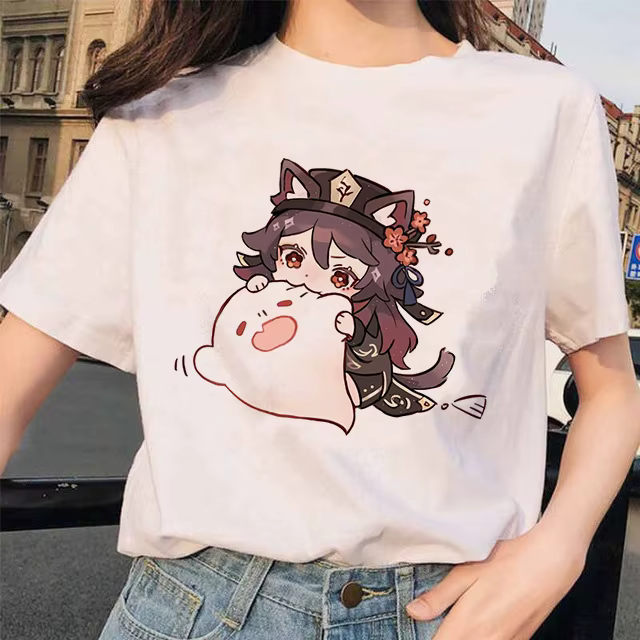 T-shirt à manches courtes pour femmes, 100% coton, Hu Tao Morax Zhongmovies Tartaglia Paimon, Genshi
