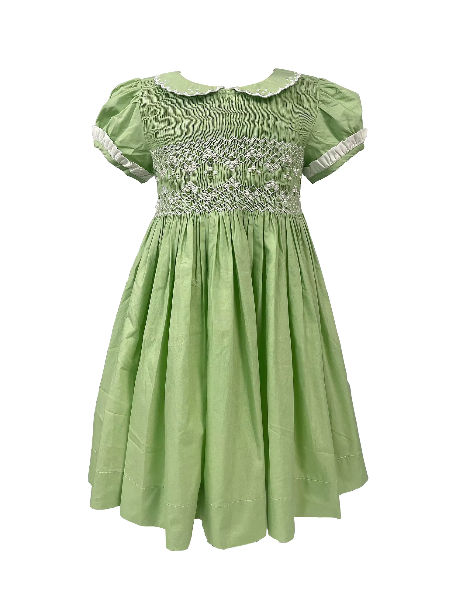 Robe à smocks faite à la main avec broderie, vêtements d'été en coton vert, vêtements de performance