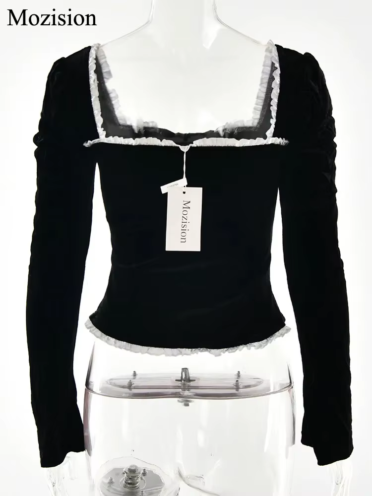 Mozision col carré dos nu pansement Sexy T-shirt femmes automne hiver nouveau noir épaulette manches