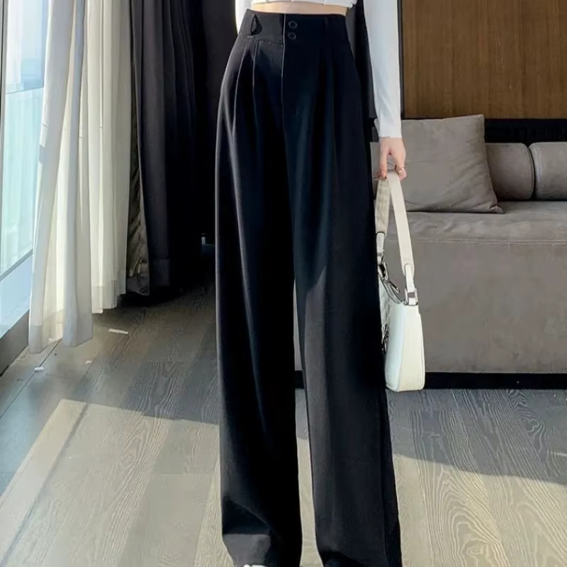 Pantalon à jambes larges pour femmes, élégant, Style coréen, taille haute, Baggy noir, bureau, mode