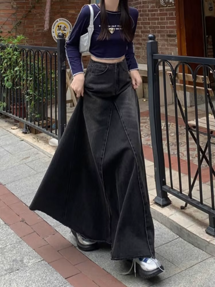 Jupe en jean plissée à volants taille haute pour femmes, jupes longues maxi pour femmes, jupe en jea