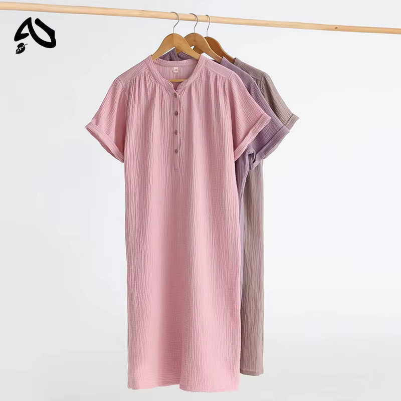 Robe d'été vintage originale 100 % coton gaze, col rond uni, courte ou longue, basique, pour femme, 