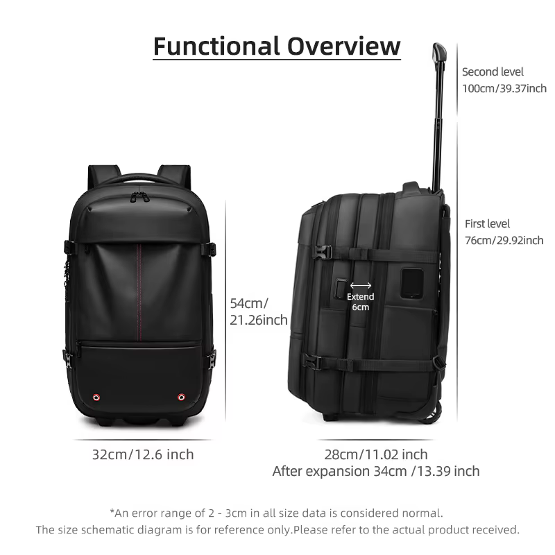 Sac à dos à roulettes avec roulettes, sac à dos à roulettes de grande capacité, bagages sous vide, v