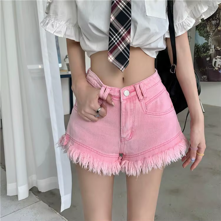 Short en Denim taille haute pour femmes, nouveau Design, jambes larges, ample, pompon en forme de A,