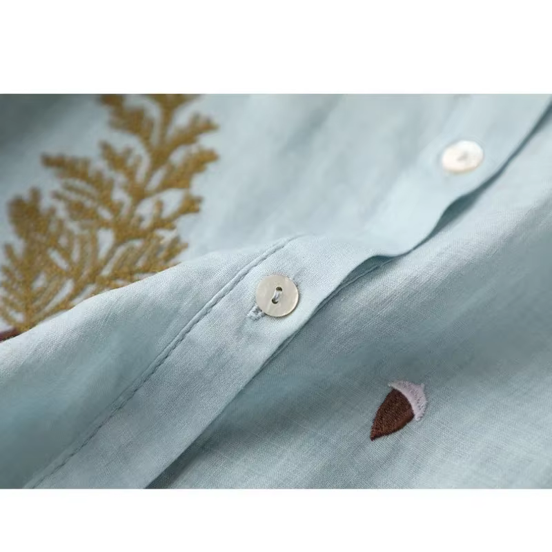 Chemise brodée en lin de coton à sept points pour femmes, haut décontracté à revers, tempérament, ni