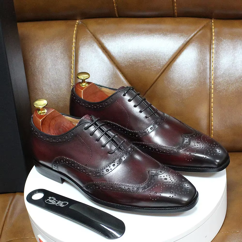 Chaussures Oxford à bout d'aile pour hommes, grandes tailles, faites à la main, en cuir de veau véri