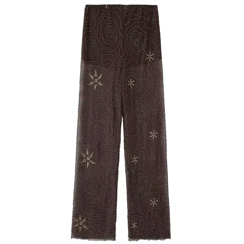 HXAO pantalons pour femmes printemps été 2025 perles marron pantalon paillettes translucides taille