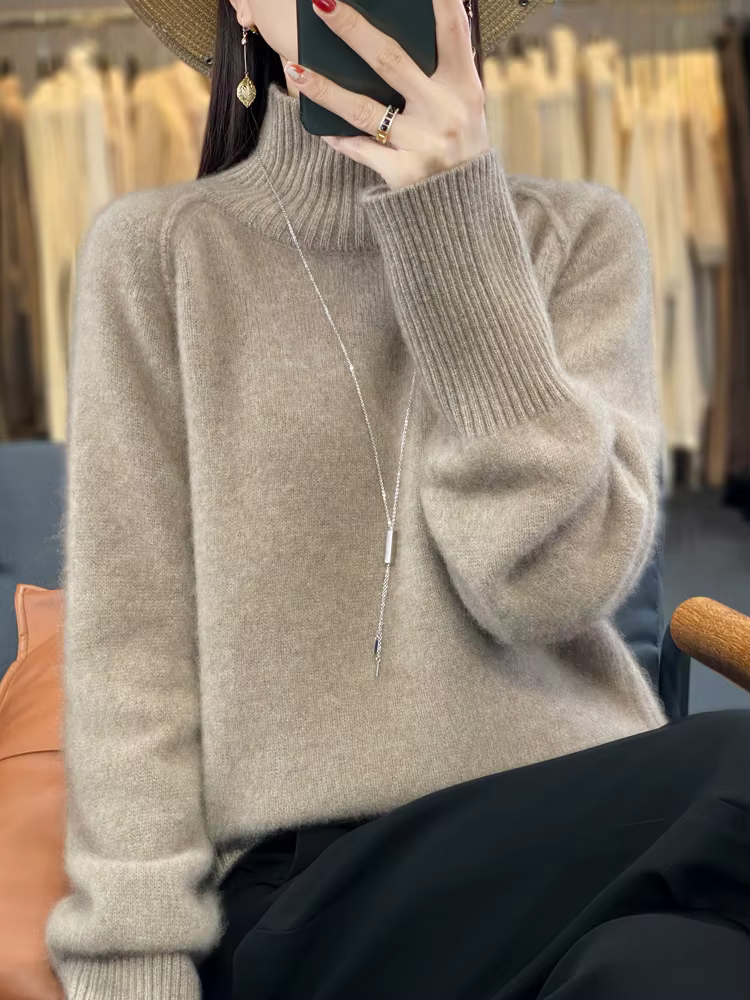Femmes pull en cachemire 100% laine mérinos tricoté pull automne hiver col montant tricots femme dou