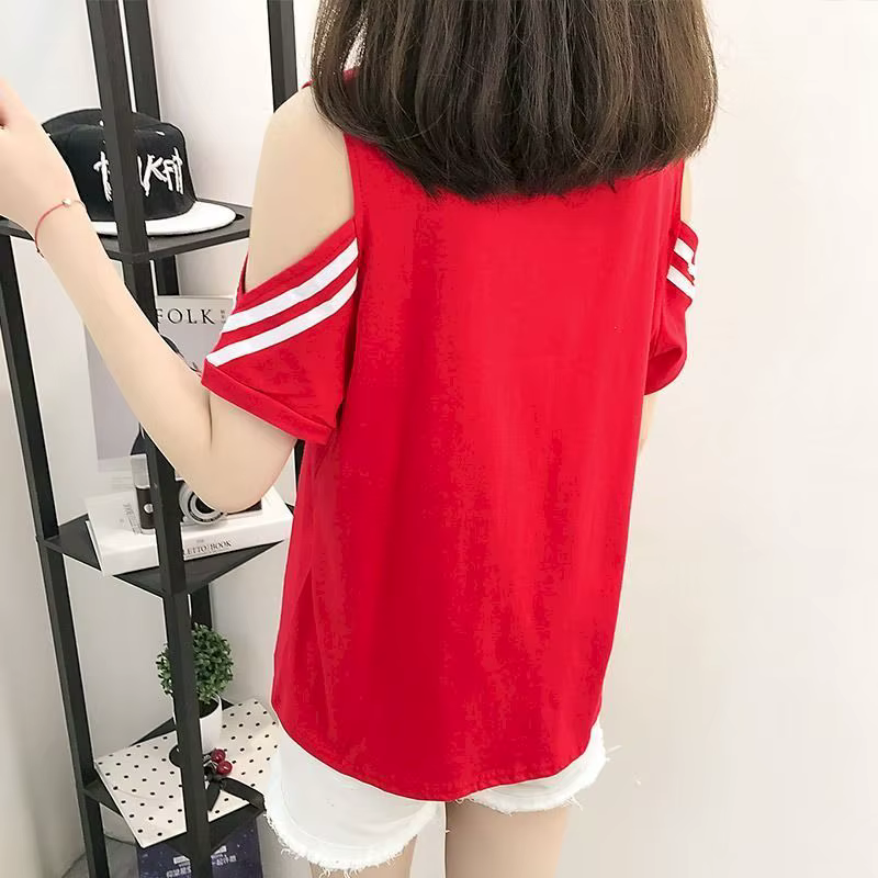 T-shirt ample à manches courtes pour femme, haut estival et fin, surdimensionné, à épaules dénudées,