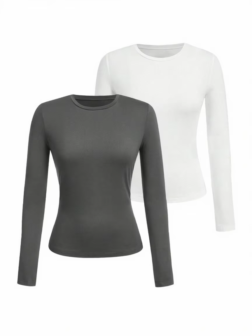 T-shirt femme manches longues couleur unie - Tissu tricoté polyester, col rond, coupe régulière, sty