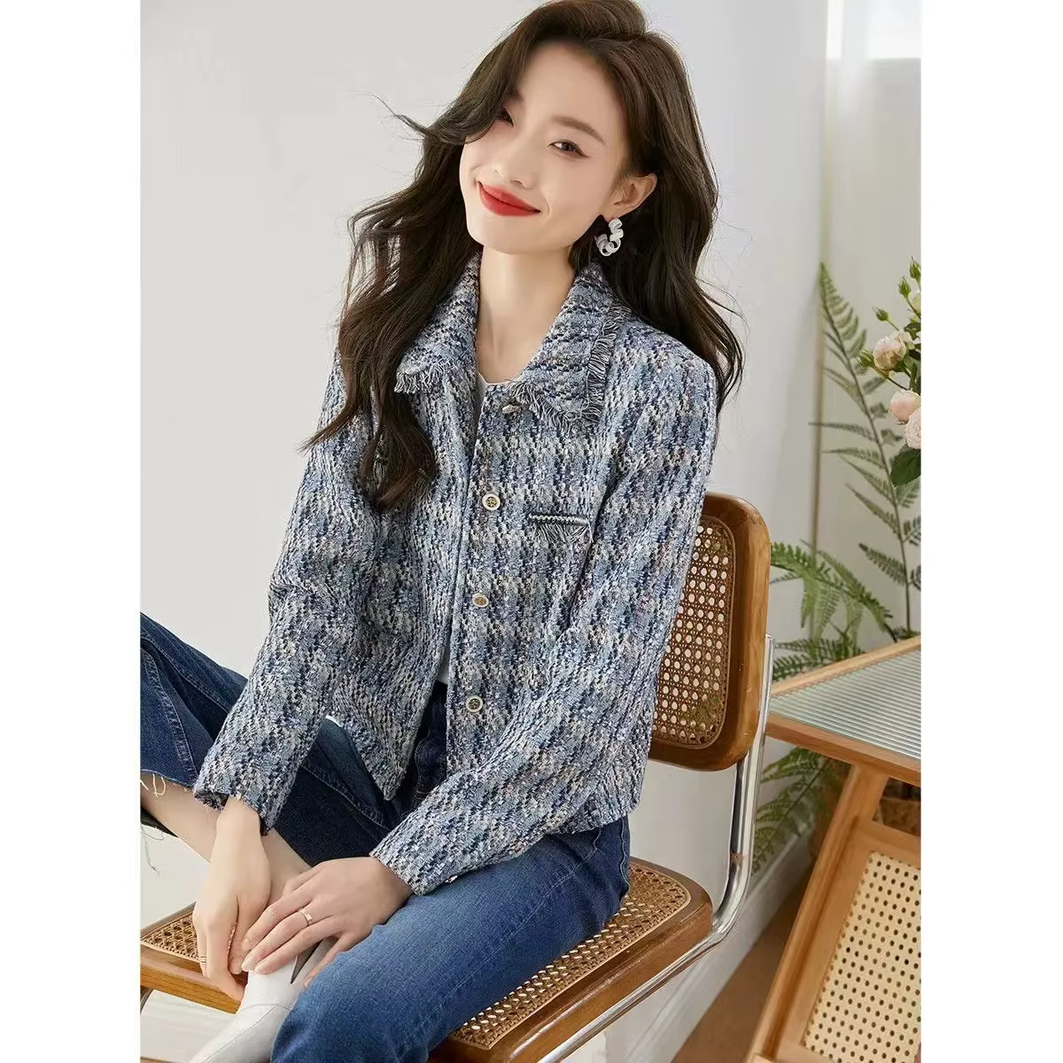 Manteau court en tweed LatejTweed pour femme, vestes à manches longues, revers classique élégant, ve