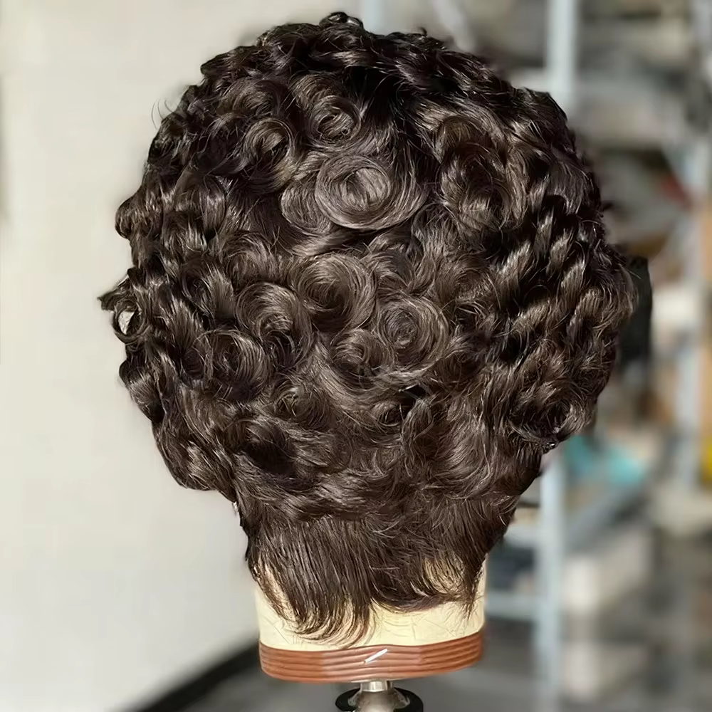 Pas de colle coupe lutin perruque 100 perruques de cheveux humains court rebondissant bouclés coupe 
