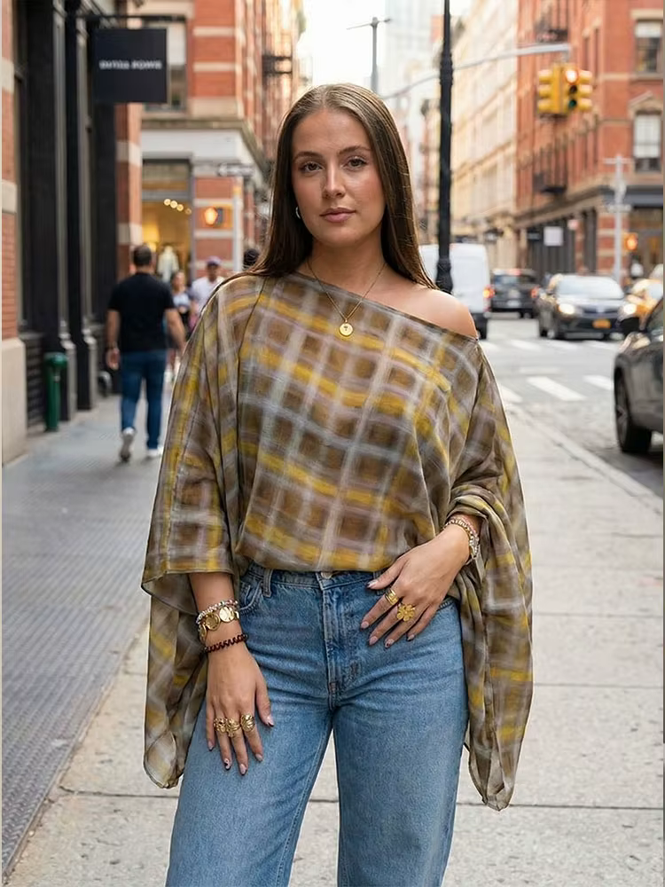 HH femmes mode Plaid imprimé Blouse Vintage décontracté ample asymétrique ourlet hauts avec écharpe 