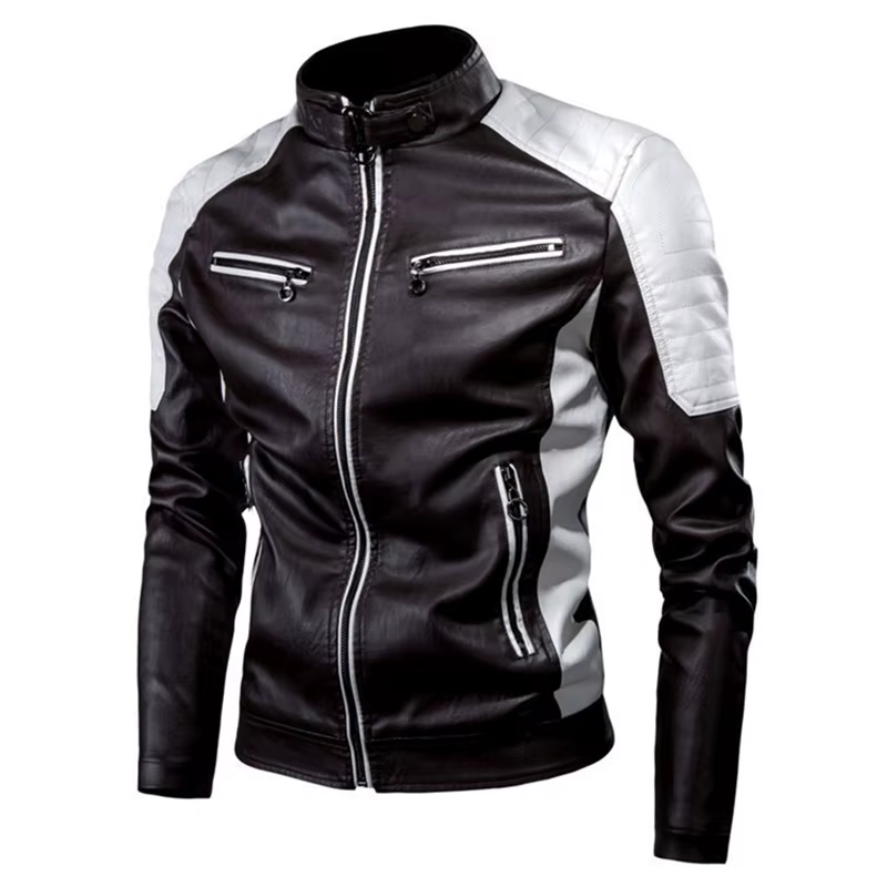 Veste de moto décontractée pour hommes – Noir à la mode, petit col montant, fermeture éclair à manch