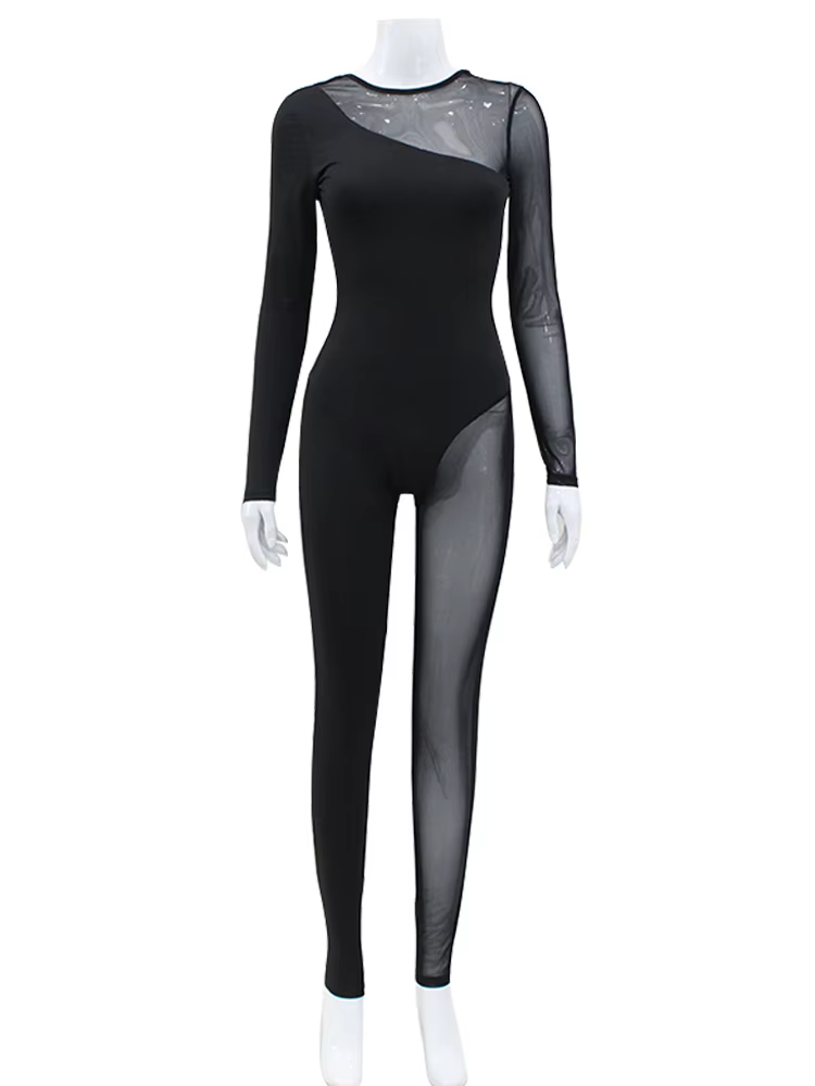 AHAgaga hiver Sexy voir à travers maille barboteuses femmes combinaisons mode col rond fermeture écl