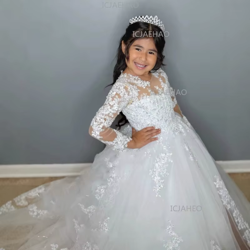 Robe de soirée blanche pour enfants 2026, style tutu à traîne, manches longues, pour spectacle, anni