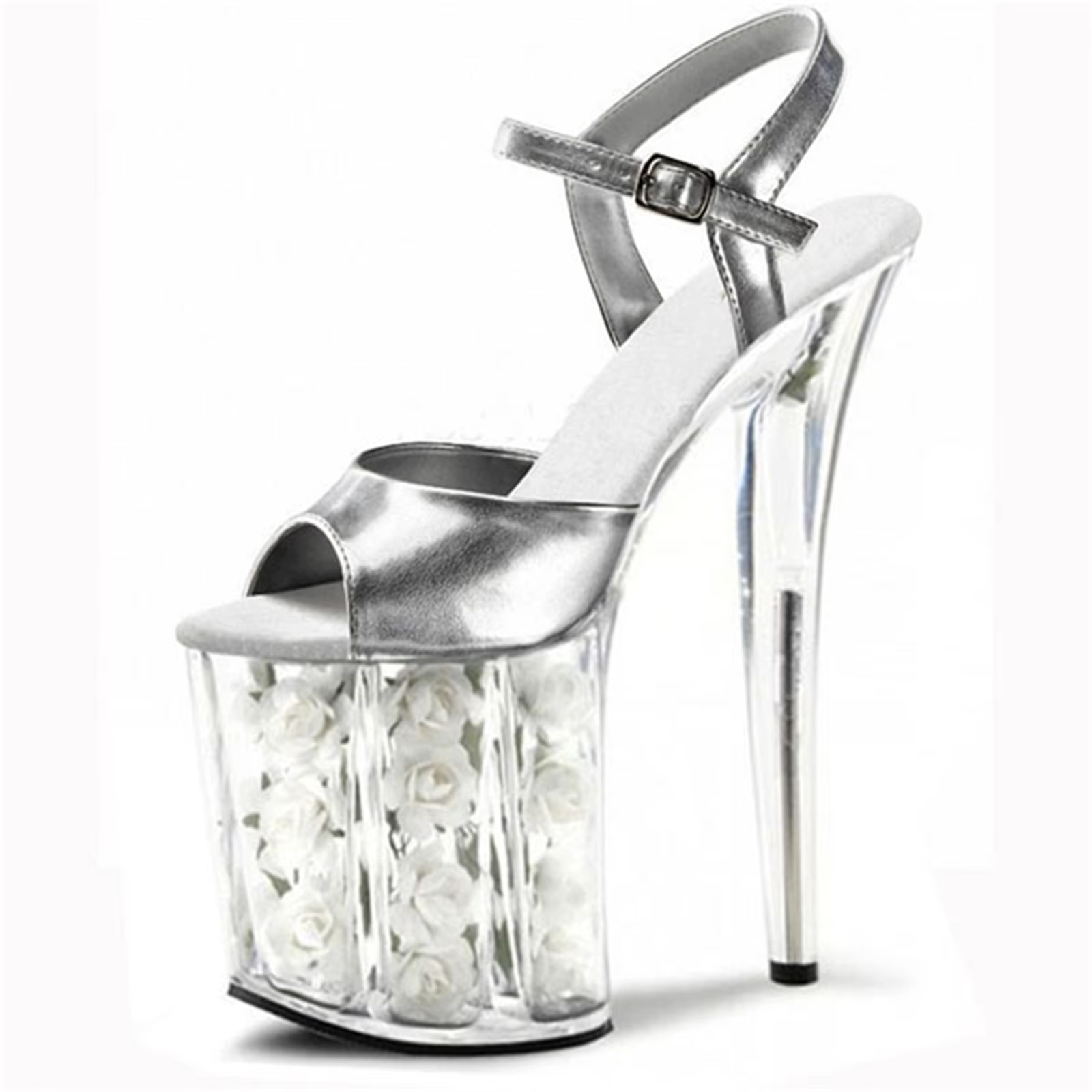 Chaussures de mariage à talons roses de 20CM, sandales à plateforme en cristal rouge avec fleurs fra