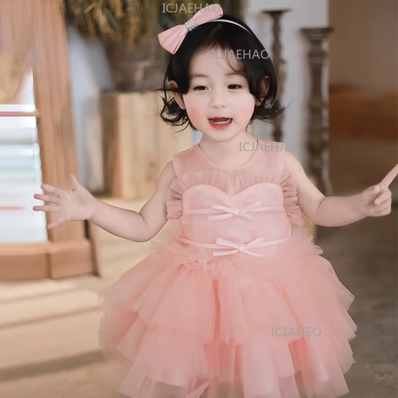 Robe de Premier Anniversaire pour Filles, Robe de Princesse Rose Pâle Premium, Robe de Demoiselle d'