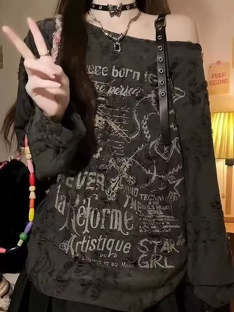 T-shirt vintage Y2K oversize à épaules dénudées avec imprimé, haut déchiré à trous, manches longues,