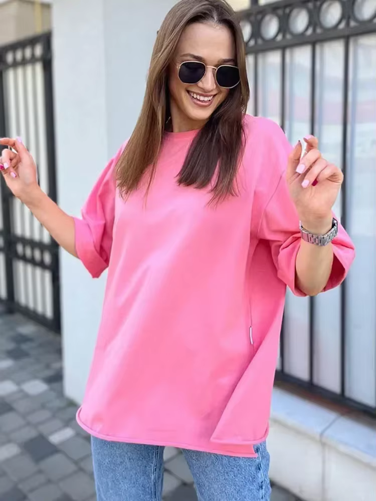 Été femmes T-shirt À Manches Courtes 100% coton Surdimensionné T-shirts Lâche Casual O COU Solide Bl