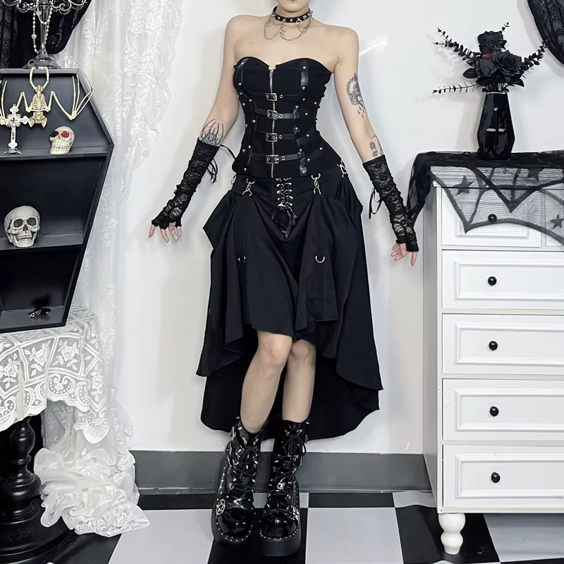 Goth Streetwear jupe gothique femmes Harajuku Emo Alternative Grunge taille haute pansement a-ligne 