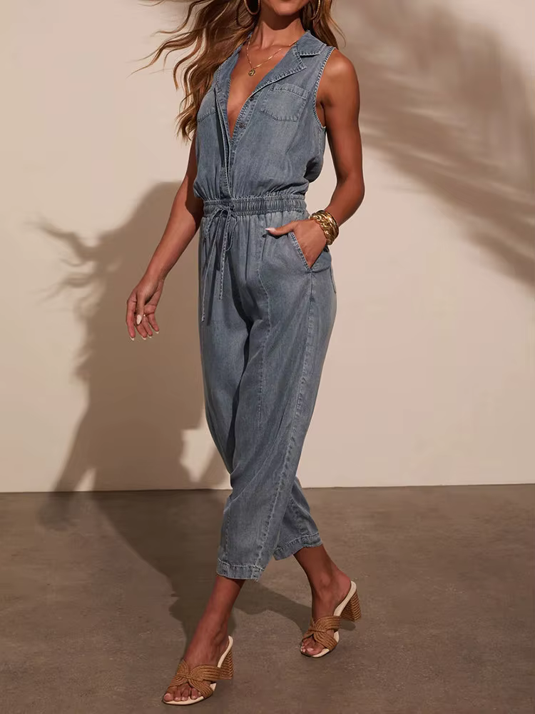 Jumpsutis chics en Patchwork de boutons à col en V, combishorts d'été sans manches pour femmes, nouv