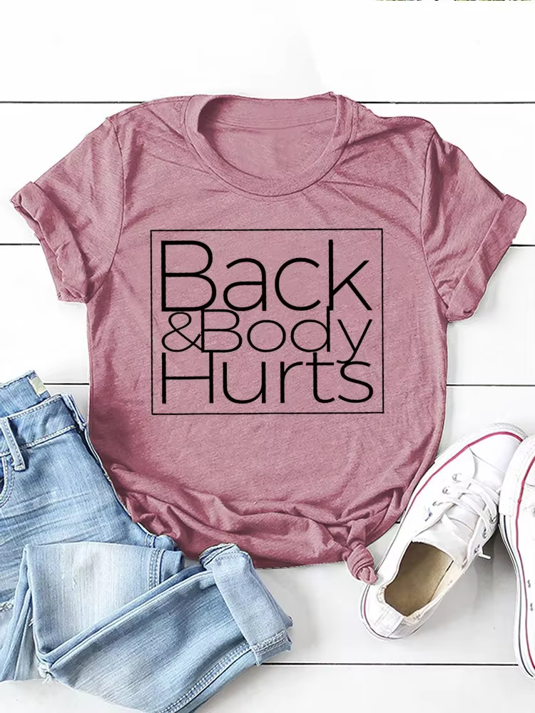 T-shirt à manches courtes et col rond pour femmes, ample, avec imprimé de lettres, dos et corps bles
