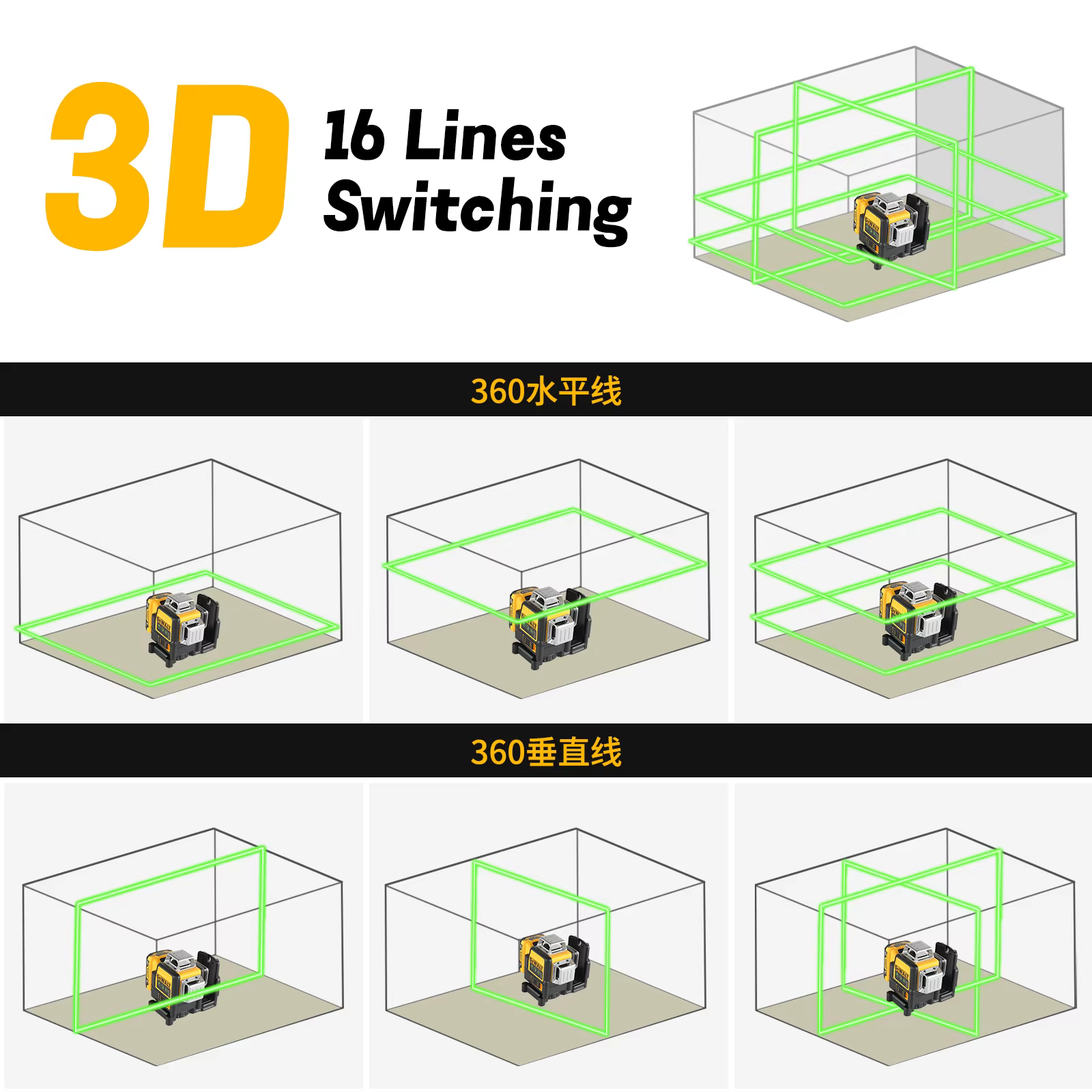 Dewalt DW089LG Niveau laser à faisceau vert 12 lignes - 360 °   Couverture sur 3 côtés, Li-Ion 12 V,