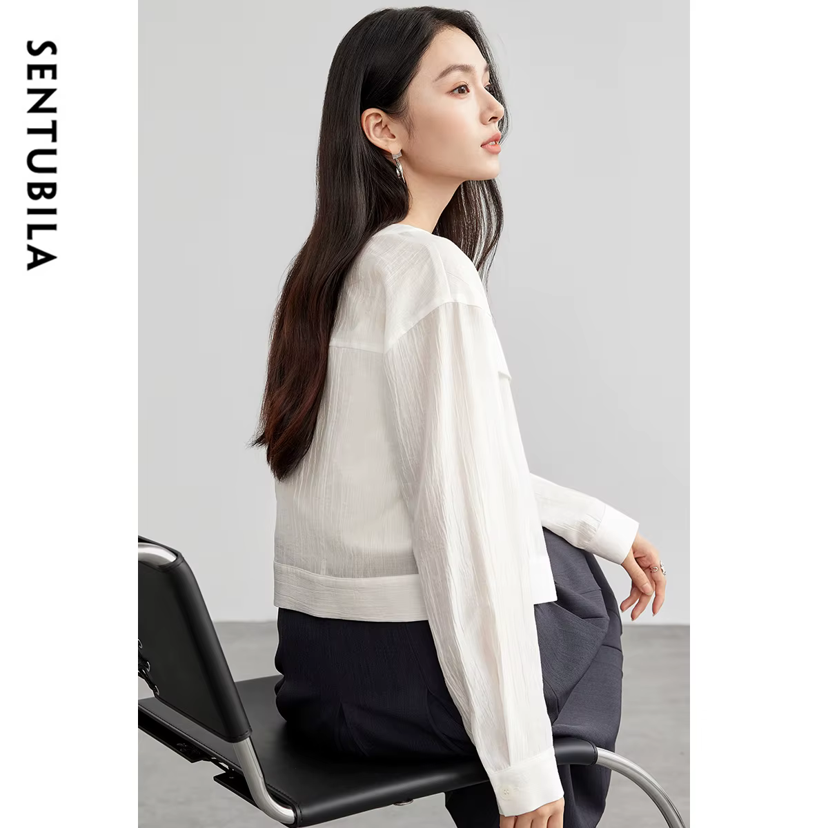 Chemise femme SENTUBILA en Lyocell, col rond uni, manches longues, simple boutonnage, nouvelle colle