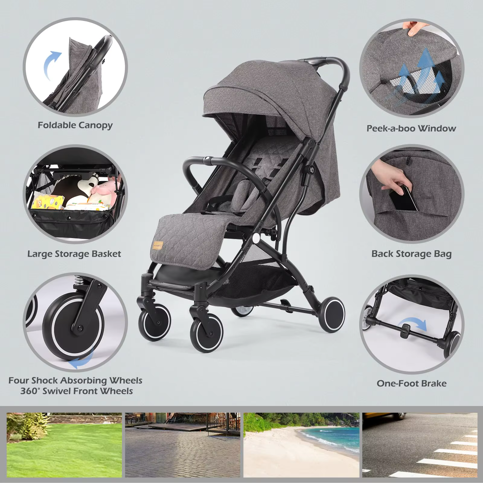 Poussette bébé, poussette compacte pliable d'une seule main avec housse de pluie et moustiquaire, po