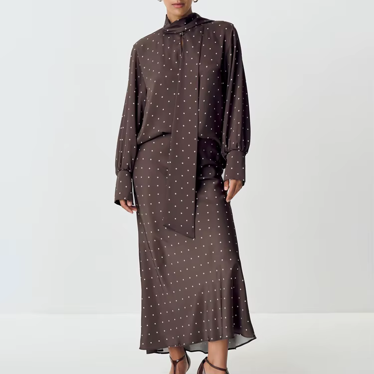 Ensemble jupe deux pièces en Satin imprimé à pois, chemise à manches longues à lacets + jupe mi-long