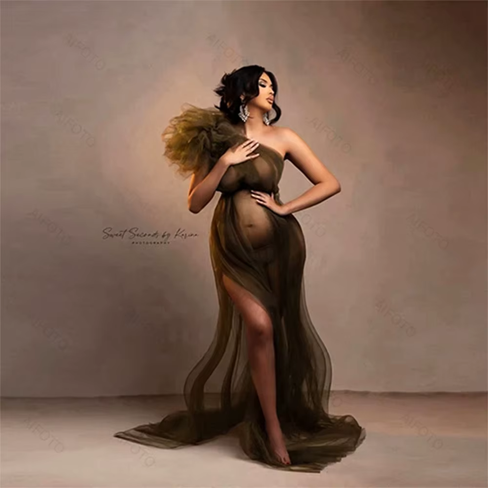 Robes d'accessoires de photographie de maternité, asymétrique épaule dénudée, en Tulle, Sexy, en mai