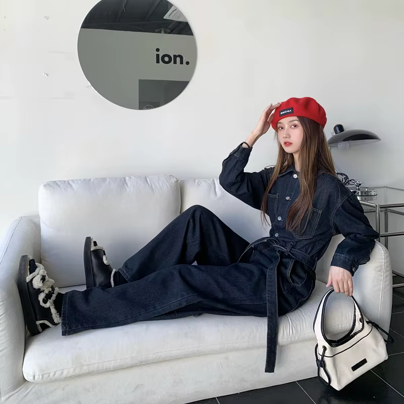 Combinaison en jean ample à taille élastique, couleur unie, style coréen, nouvelle collection printe