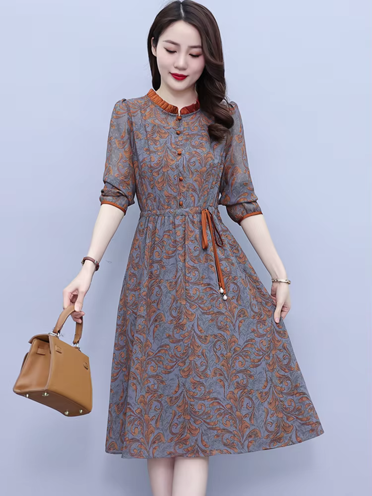 Robe mi-longue à manches longues et col à volants pour femmes, robe de soirée élégante, tambour coré