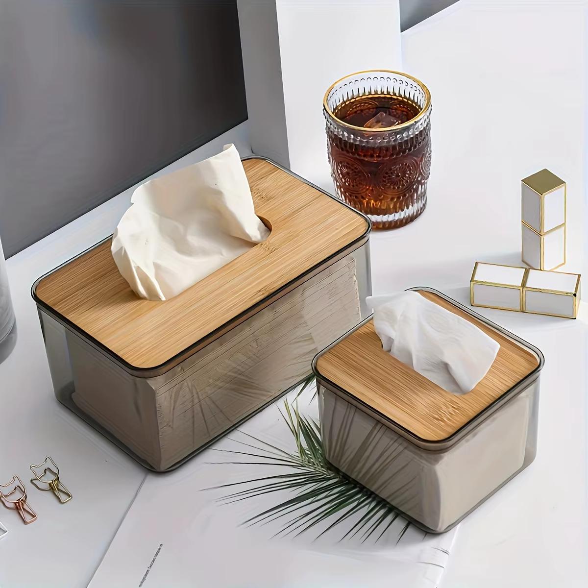 Boîte en papier porte-mouchoirs multifonctionnelle avec couvercle en bambou, conteneur Transparent,