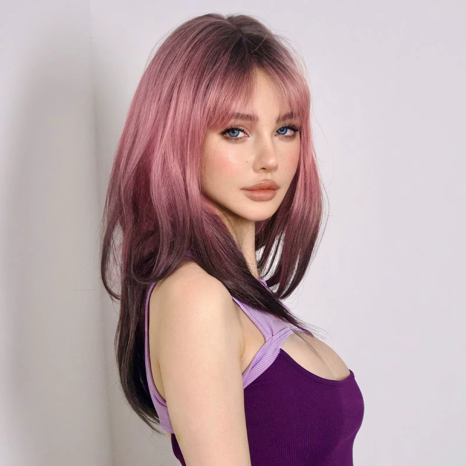 Perruques Synthétiques sulfDroites avec Frange pour Femme, Noir Rose Ombre, Perruques Afro Colorées