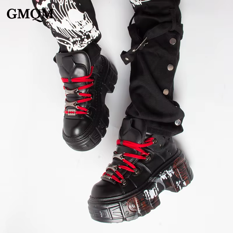 GMQM – bottines à plateforme plate pour femmes, Style Punk, noir, rouge, talons hauts, bout rond, se