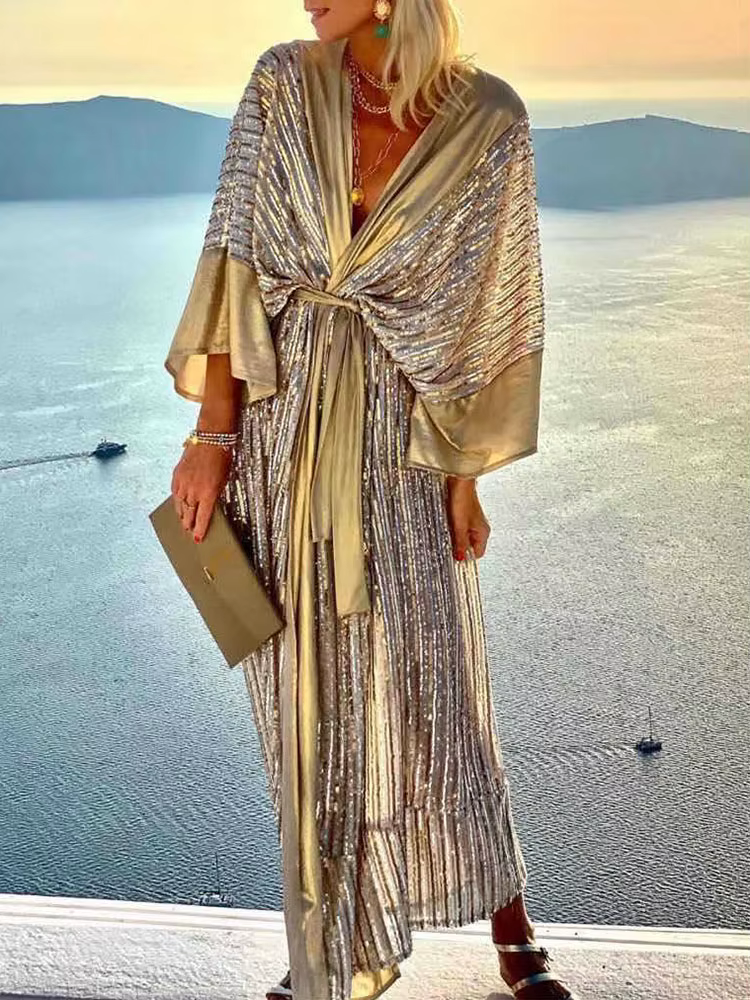 Robe de plage pour femmes, Style trois quarts, manches chauve-souris, col en v, paillettes, lacets, 