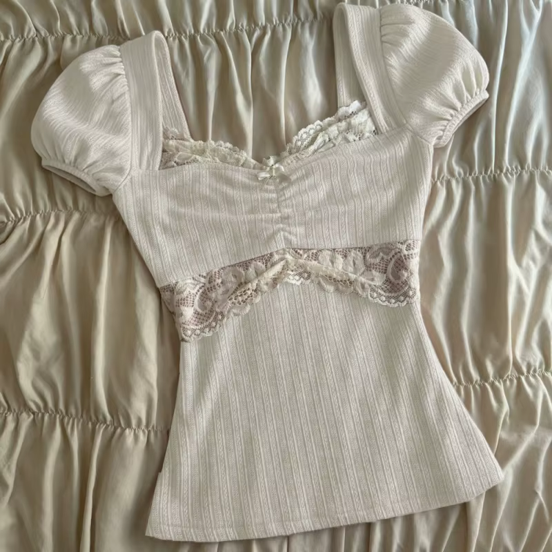 Hauts Y2K Grunge à manches courtes pour femmes, chemise estivale en dentelle patchwork, style coquet
