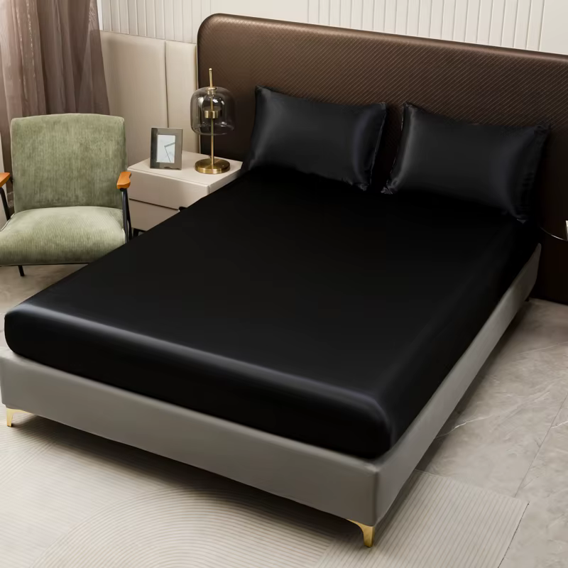 Drap-housse en Satin de couleur unie, housse de matelas double en soie glacée, Queen, naturel avec b