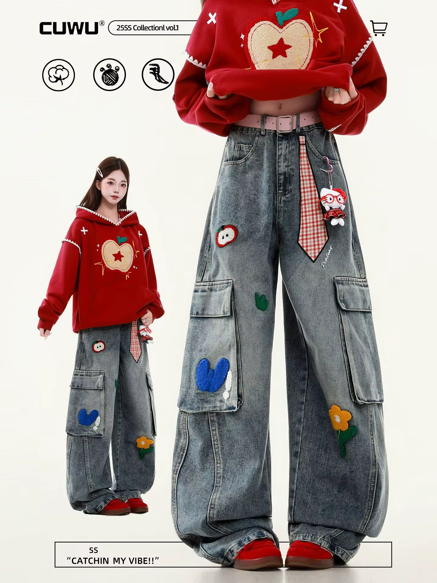Jean brodé Harajuku pour femmes, style américain décontracté, rétro, jambe droite, pantalon large, Y