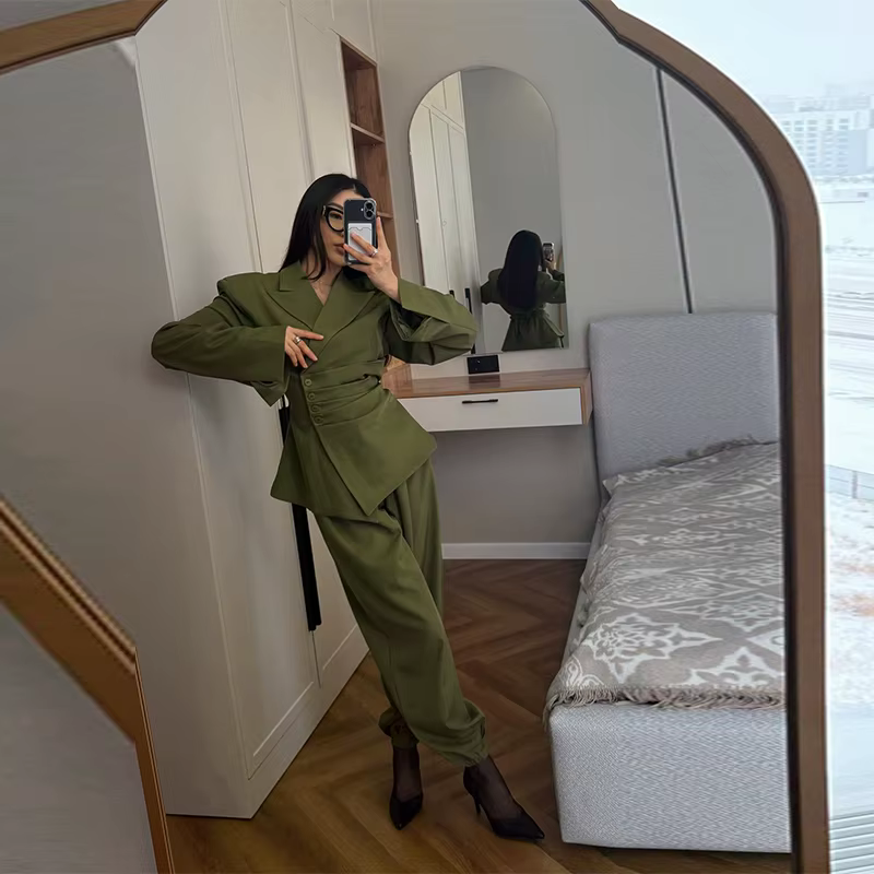 Ensemble blazer plissé cintré à boutons pour femme 2026 – Veste de bureau à épaulettes et revers, pa