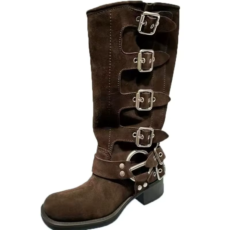 Chaussures de luxe pour femmes, bottes de moto Vintage avec boucle à talon épais de haute qualité, b