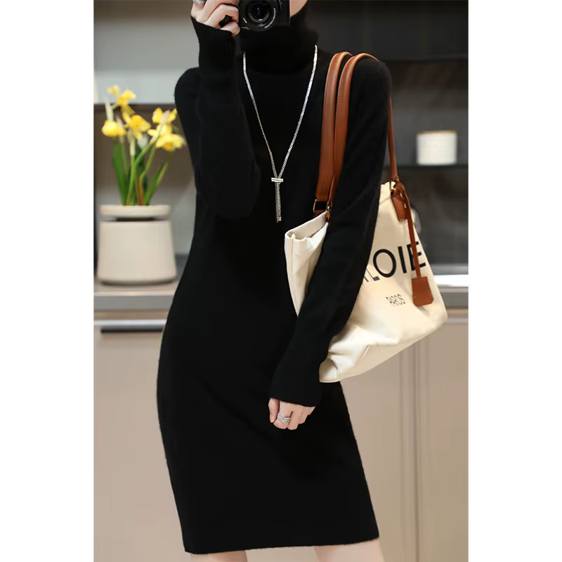 Robe pull en cachemire pour femme, tenue élégante en laine mérinos, col roulé, tricotée, décontracté