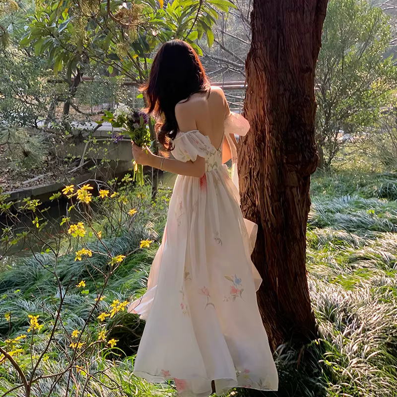 Une épaule bulle manches jarretelle robe florale été 2025 Style français jupe longue enfants robes d