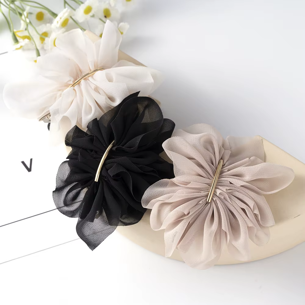 Grand printemps pinces à cheveux femmes métal mousseline de soie fleurs élastique pour queue de chev