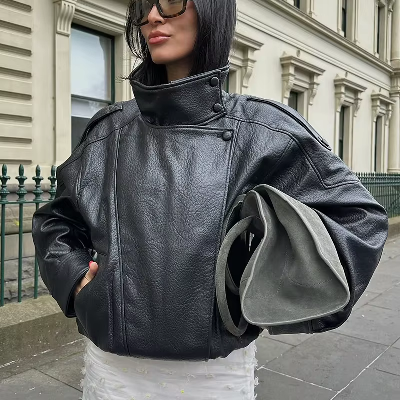 HXAO veste noire manteau femme veste en simili cuir vêtements d'extérieur Demi-saison Bomber Moto Bi